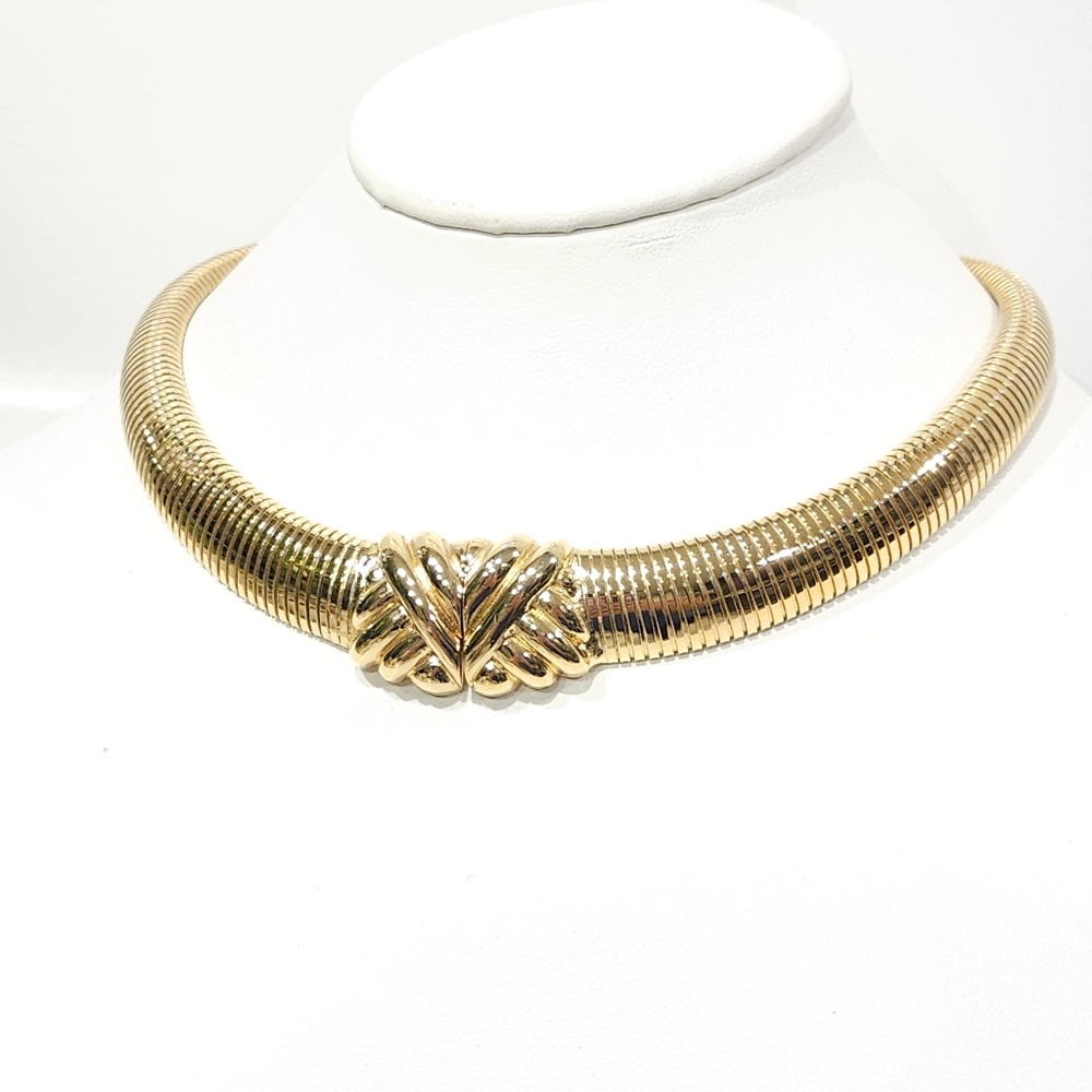 Vintage Dior Chunky Omega Chain Gold Tone Knot Statement Choker Necklace Signed